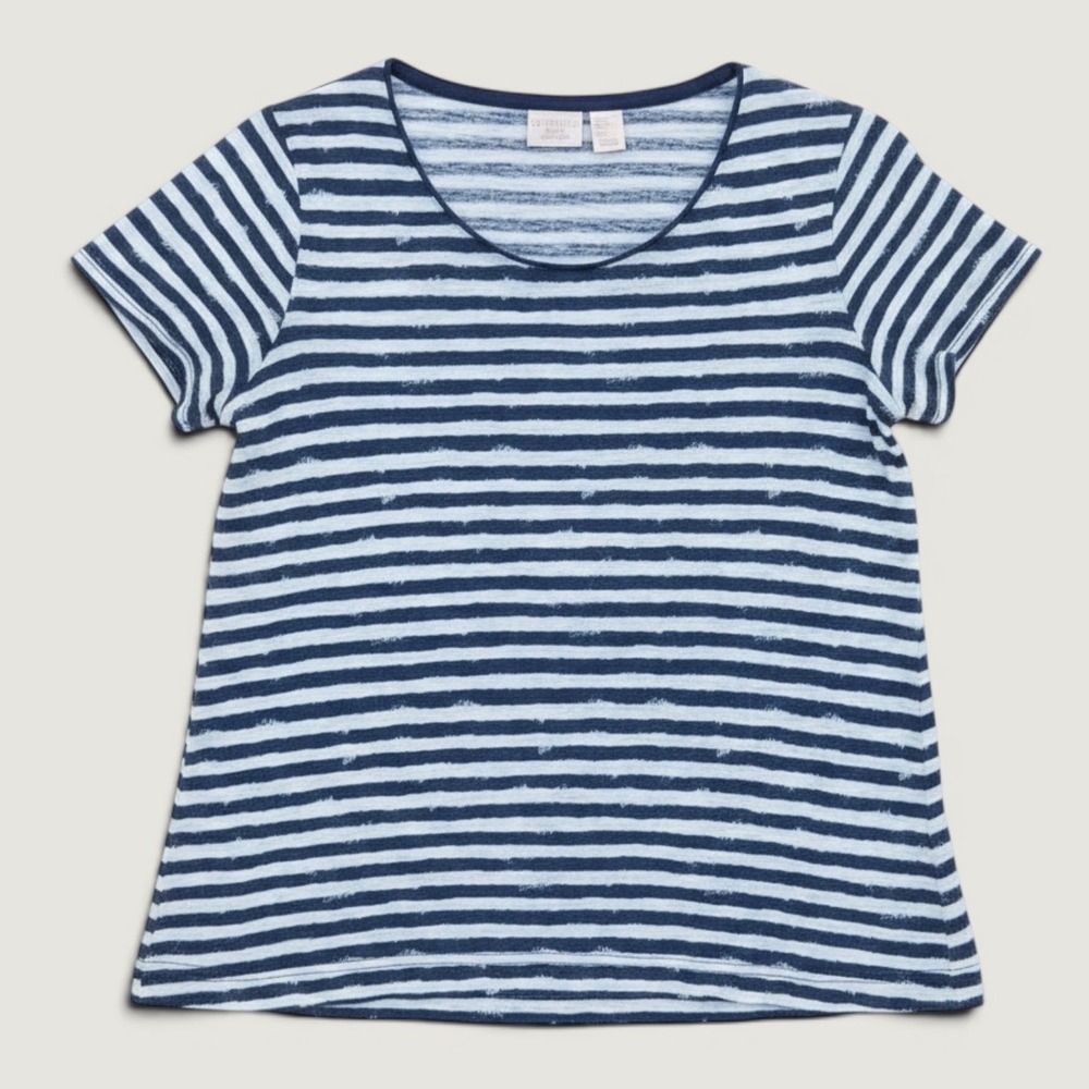 St. Tropez West‎ Linen Striped T-Shirt Womens Small Navy Blue White Scoop Neck